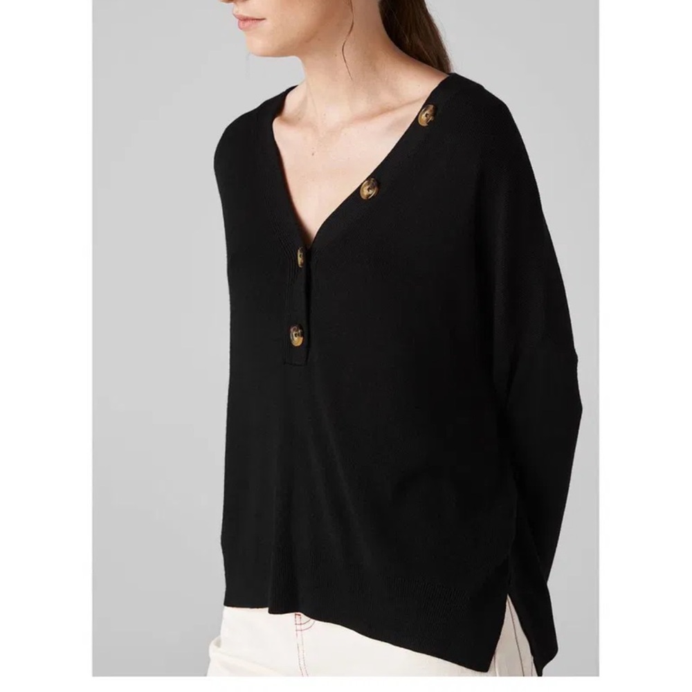 Whistles V Neck Button Detail Knit Sweater Black Wool Silk Blend Minimalist-S